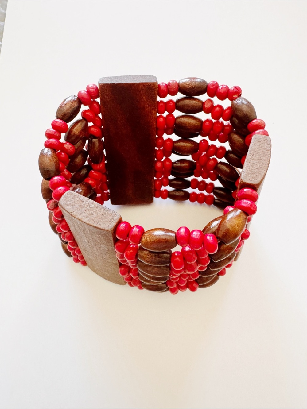Red and Brown Wooden Bead Stretch Bracelet - Women's Fashion